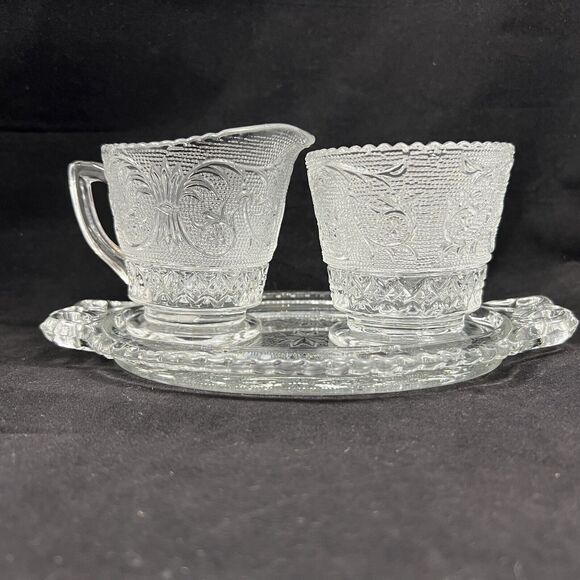 Duncan Miller Glass Sandwich Clear Mini Creamer Sugar Tray Set - Picture 1 of 13